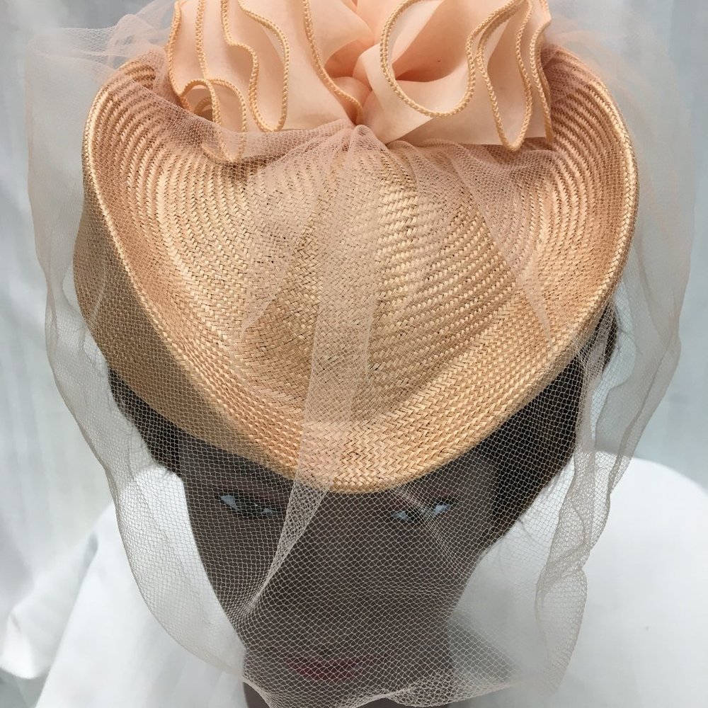 Peach Straw Fascinator with Veil, Ruffles, and Tiny Bow